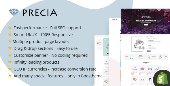 Precia – 多用途 Shopify 主题 – 高性能 99/100 – 追加销售 – 交叉销售 – 完整 SEO