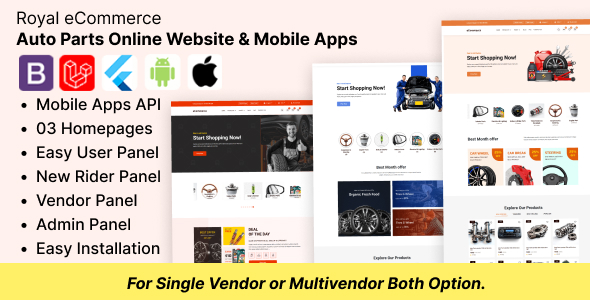 Royal eCommerce – Auto Parts Online Store 网站和 Flutter App Bundle