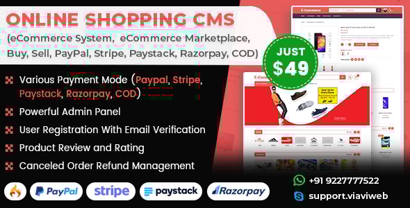 在线购物 CMS（电子商务系统、电子商务市场、PayPal、Stripe、Razorpay、COD）