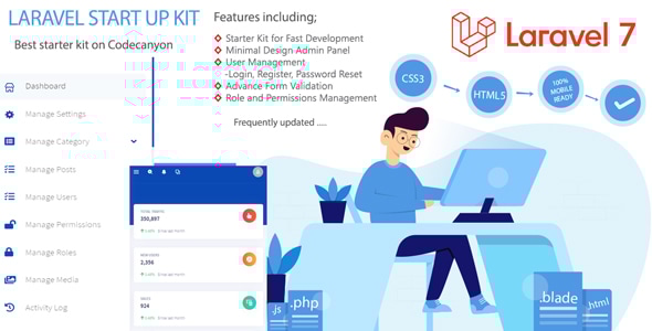 Laravel Bootstrap Starter Kit – 用户管理器、角色、权限、CRUD、媒体库等。